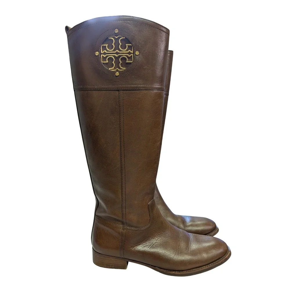Tory Burch Kiernan Riding Boots Gold Logo Equestrian Preppy Leather Brown 10